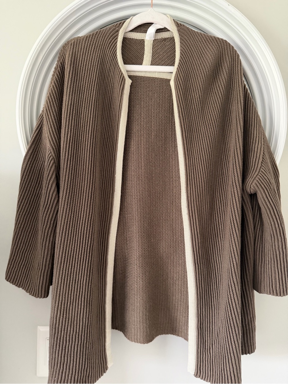 MarlaWynne Taupe Ribbed Open-Front Cardigan with Cream Trim